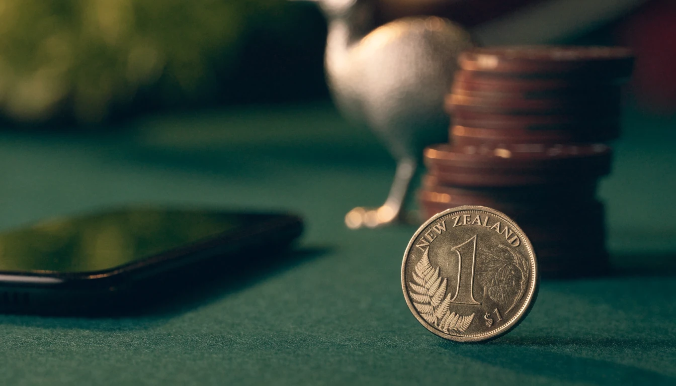New Zealand one-dollar coin on casino table with chips and Kiwi figurine