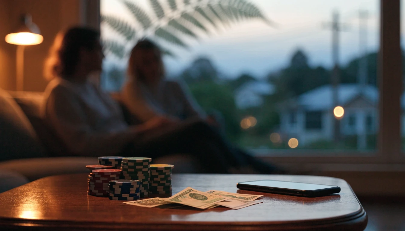 Casino chips and NZ dollars on a wooden table with a smartphone face-down in a Kiwi home.