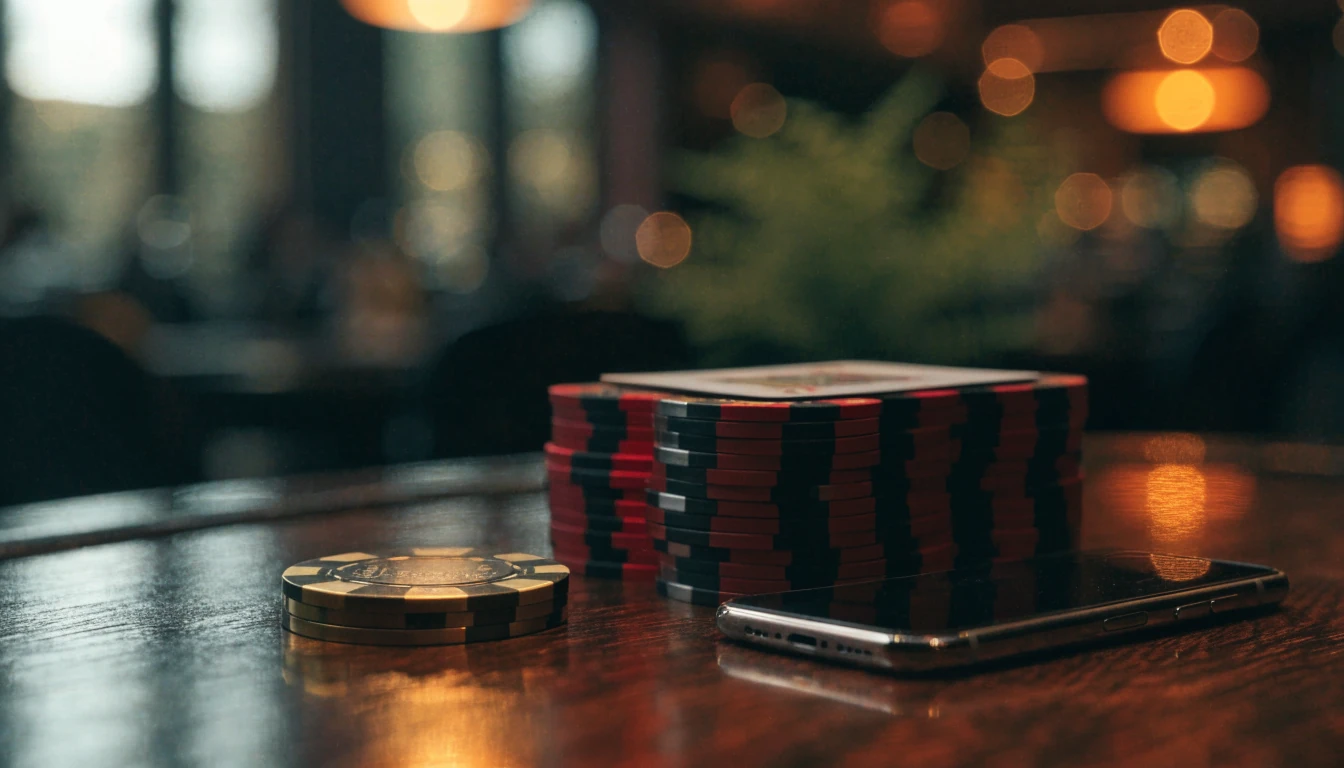 Casino chips and playing cards on a dimly lit table with a smartphone