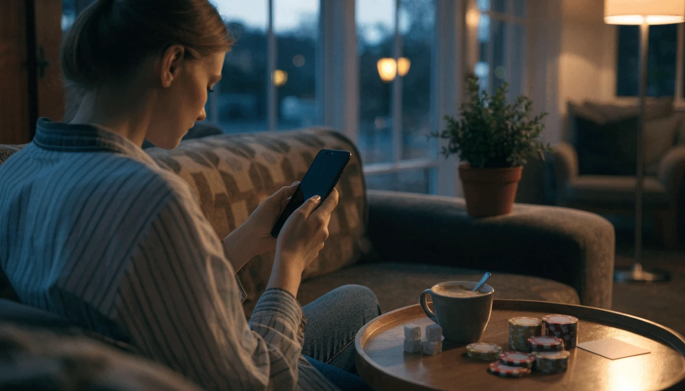 Woman in New Zealand home holding a smartphone with casino chips nearby