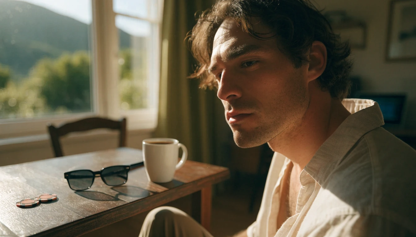 Casual Kiwi player with two chips and coffee at a small table near a window showing New Zealand hills.