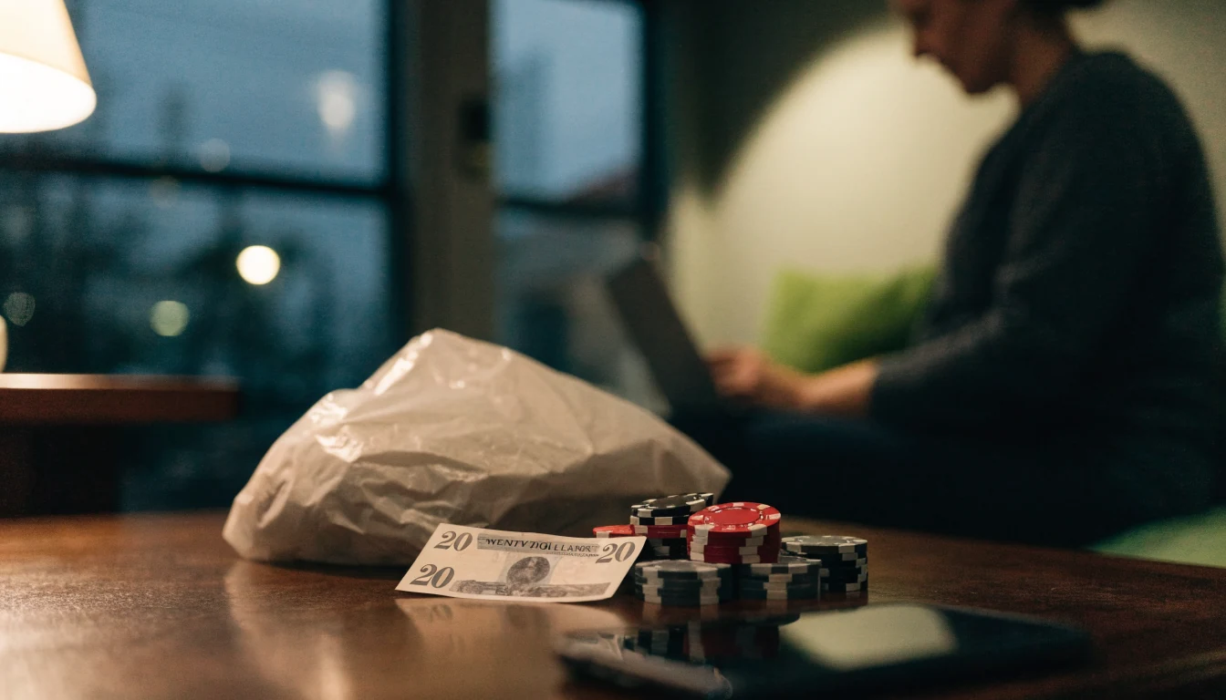 NZ$20 note and casino chips on a coffee table beside a face-down smartphone