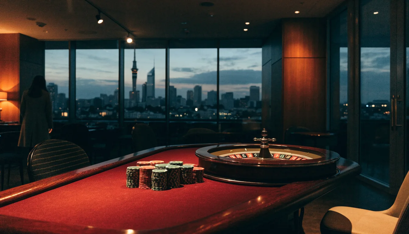 Stylish New Zealand casino lounge with roulette table and chips, Auckland skyline at dusk