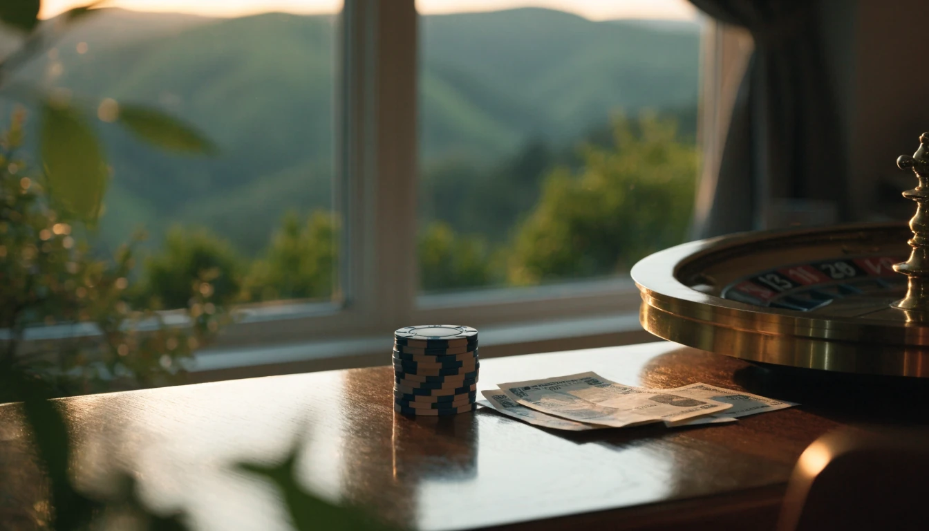 Casino chips, a roulette wheel edge, and small NZ dollar bills on a wooden table in a New Zealand home.