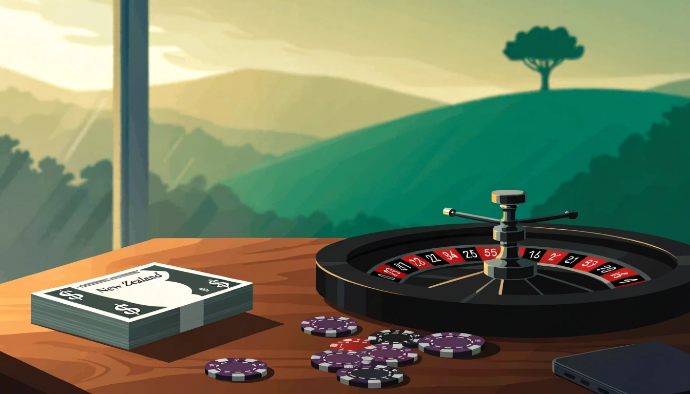 Small stack of NZ dollars, casino chips, and roulette wheel on a wooden table with a misty New Zealand landscape behind.