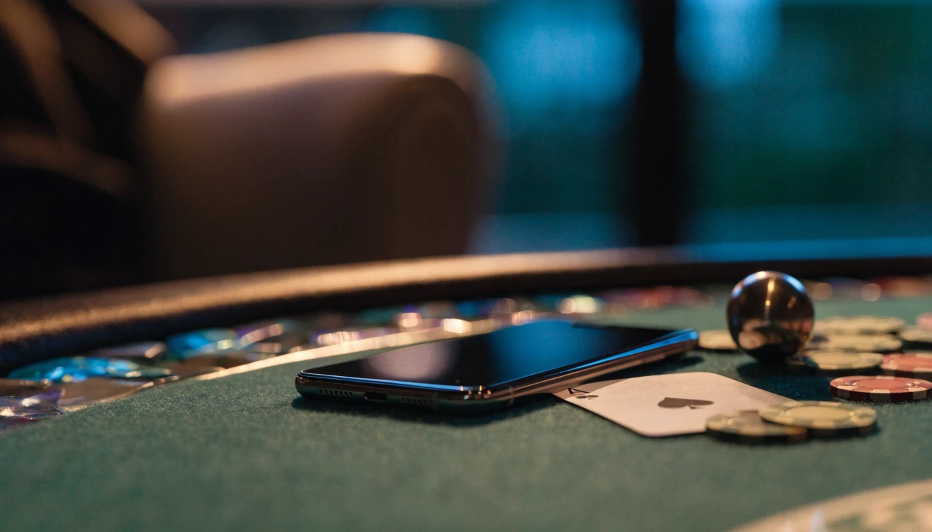 Smartphone face-down on a green felt casino table with chips and a card, New Zealand paua shell accents.