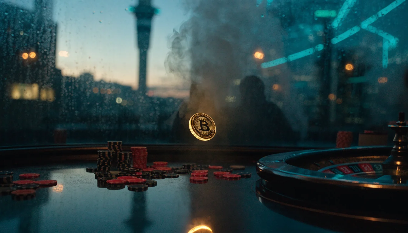 Bitcoin coin hovering over a casino table with chips and roulette wheel, Auckland skyline at dusk.
