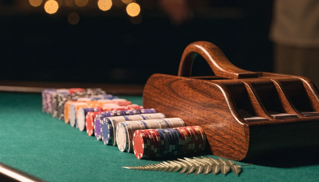 Elegant baccarat table with stacked casino chips and a silver fern accent