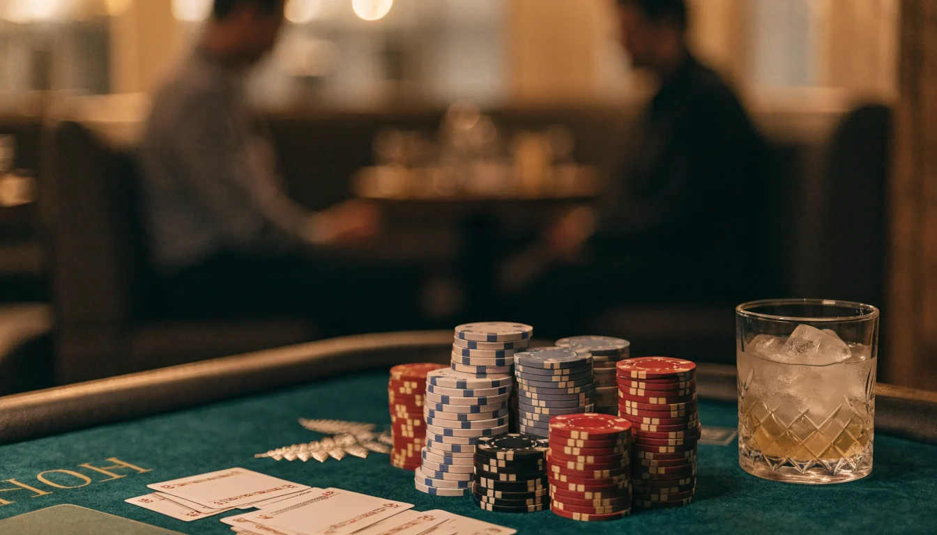 Elegant baccarat table with chips, face-down cards, and a silver fern.