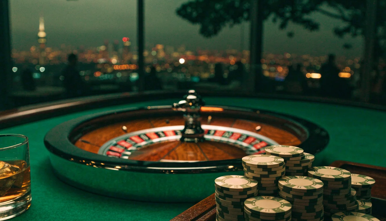 Casino lounge with roulette wheel and chips, New Zealand city skyline in background