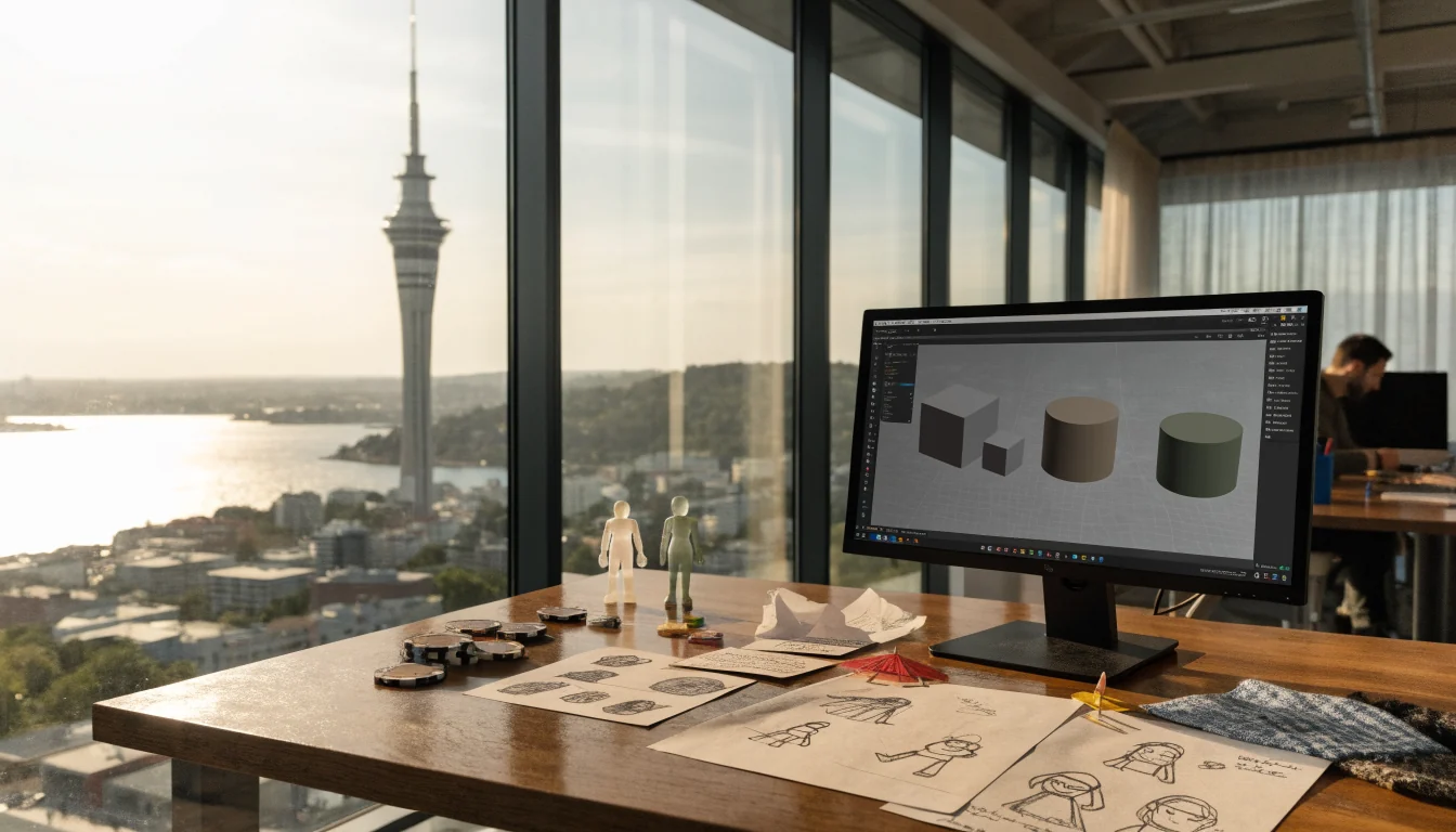 Modern game studio workspace in Auckland with design sketches and casino props on desk