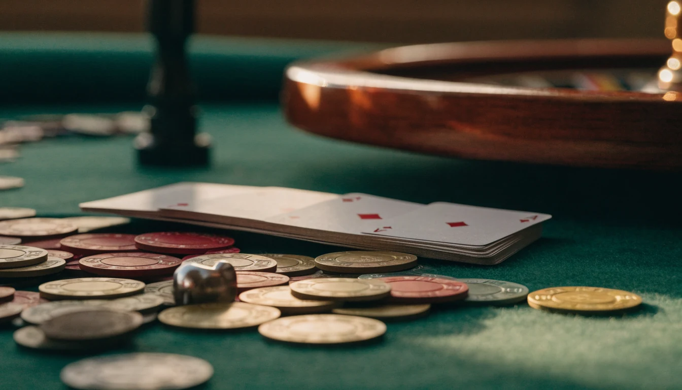 Casino chips, cards, roulette wheel, and a silver kiwi figurine on green felt.