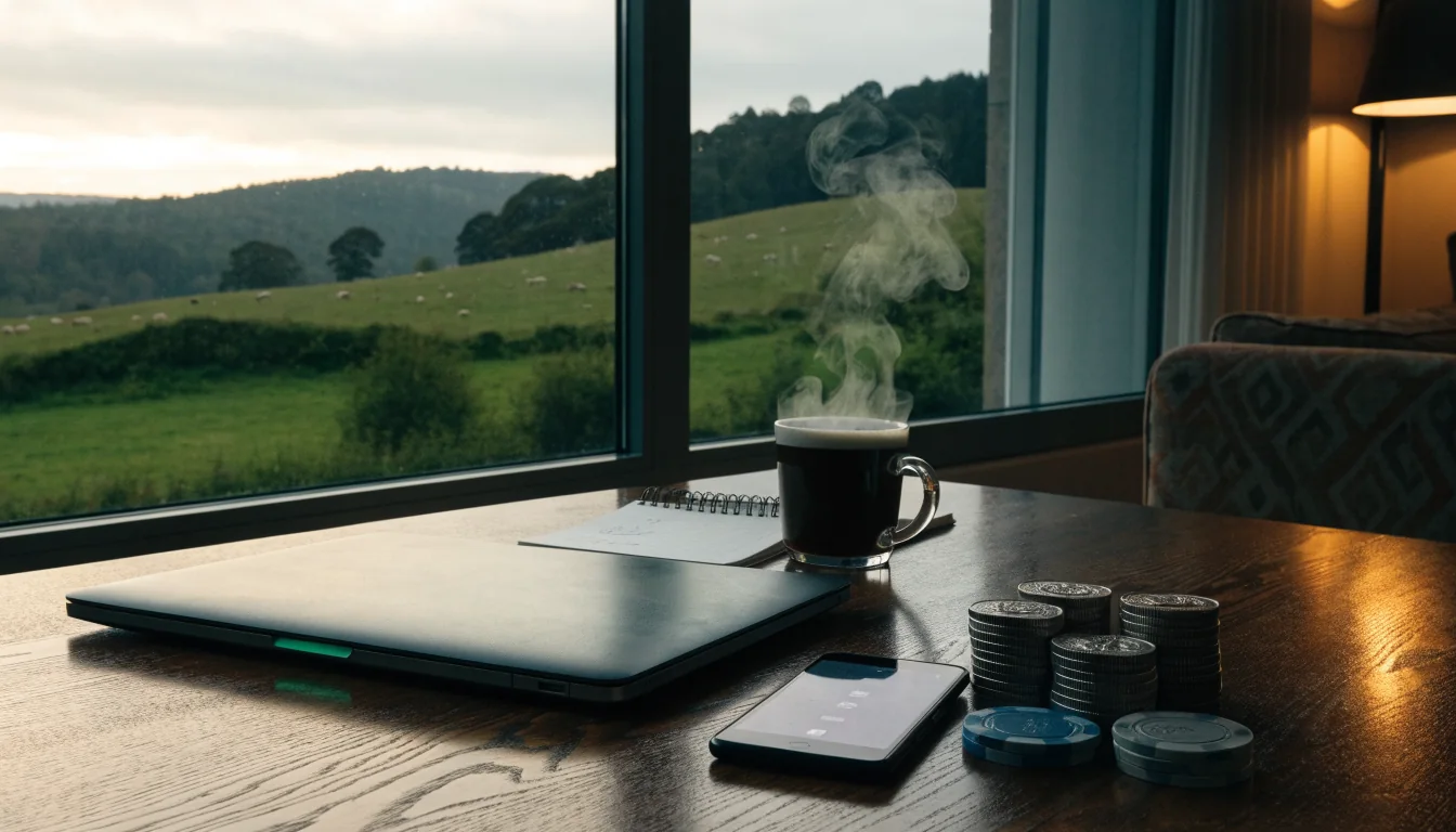Dogecoin tokens, chips, and devices on a table with New Zealand countryside view