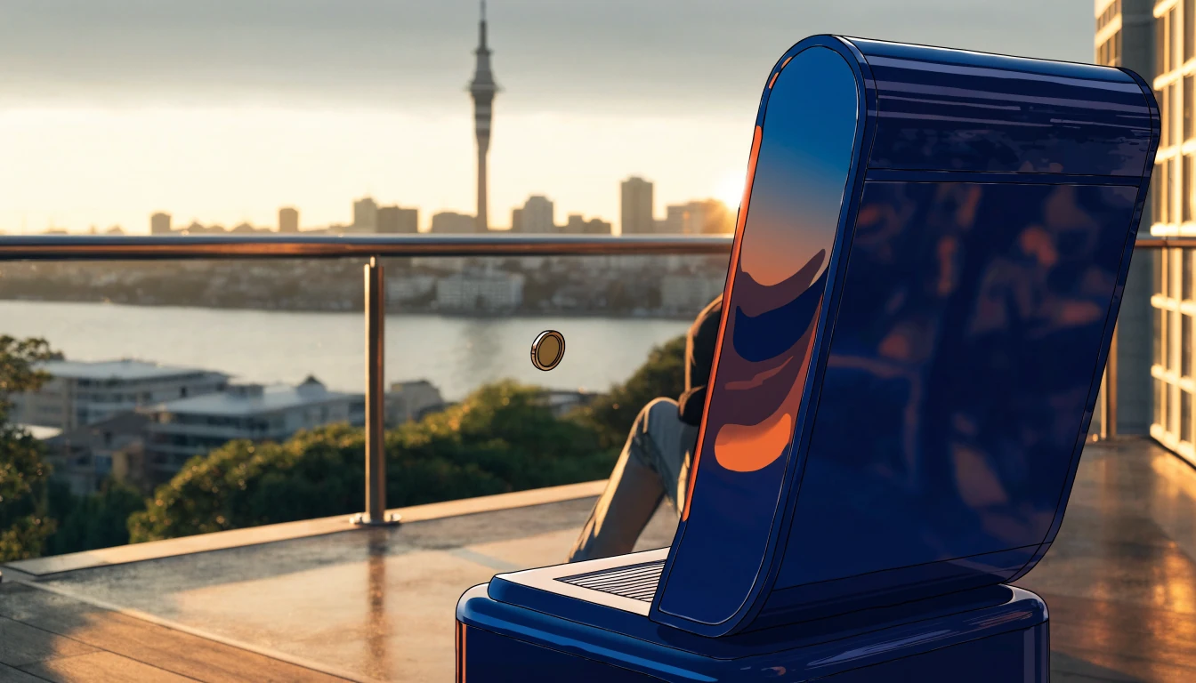 New Zealand pokies machine with Auckland skyline at golden hour