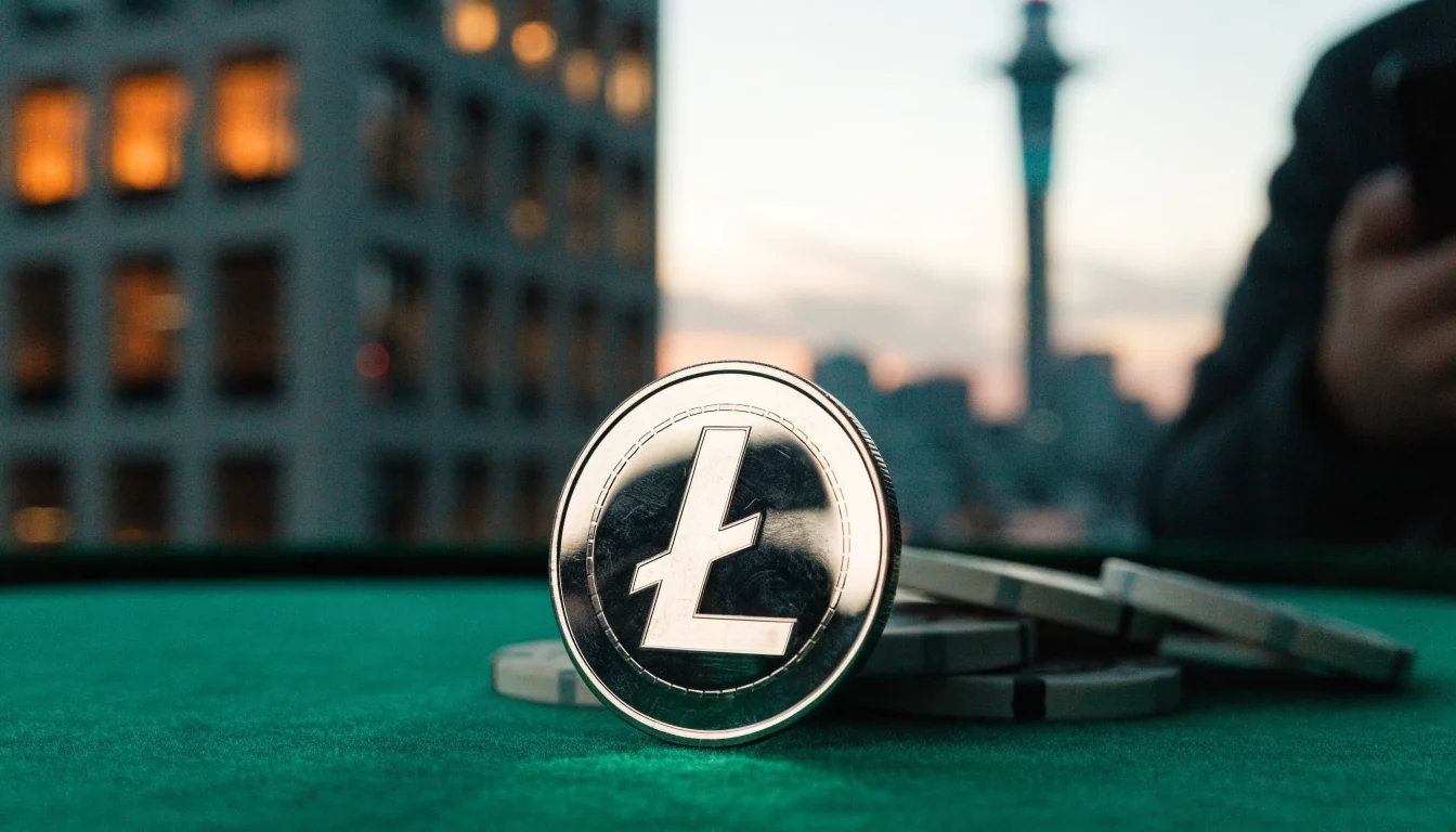 Litecoin coin beside casino chips with New Zealand city skyline at dusk
