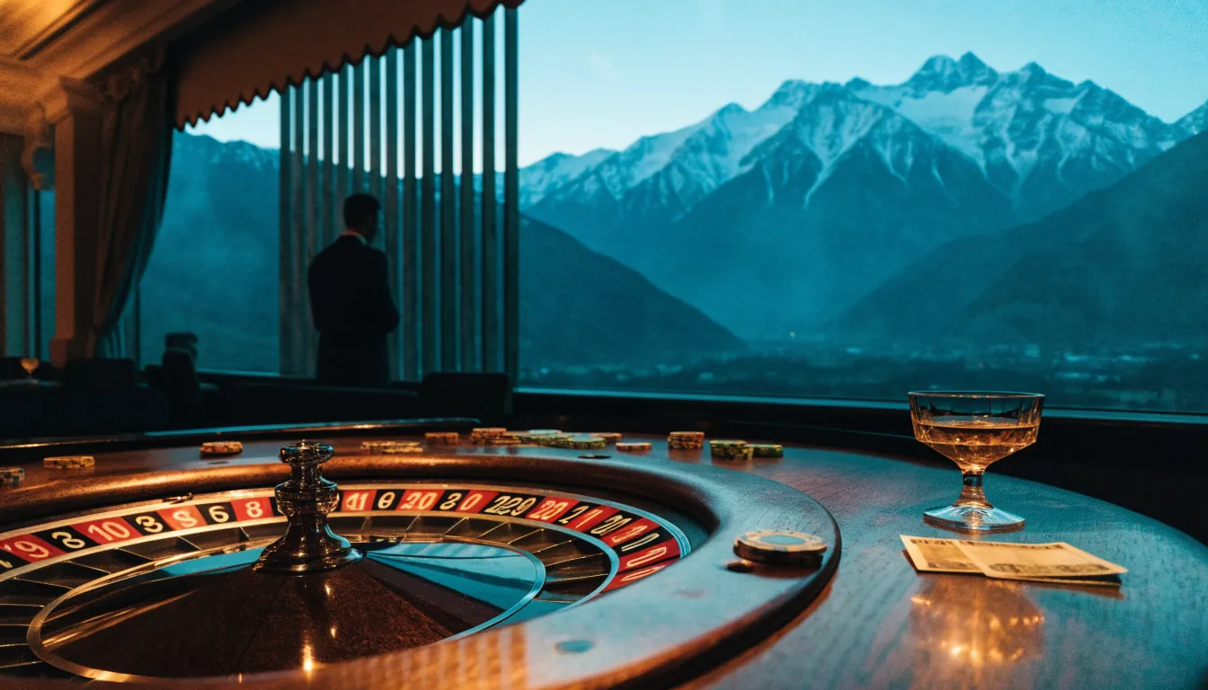 Casino roulette table with chips and NZD banknotes, mountains of New Zealand through window
