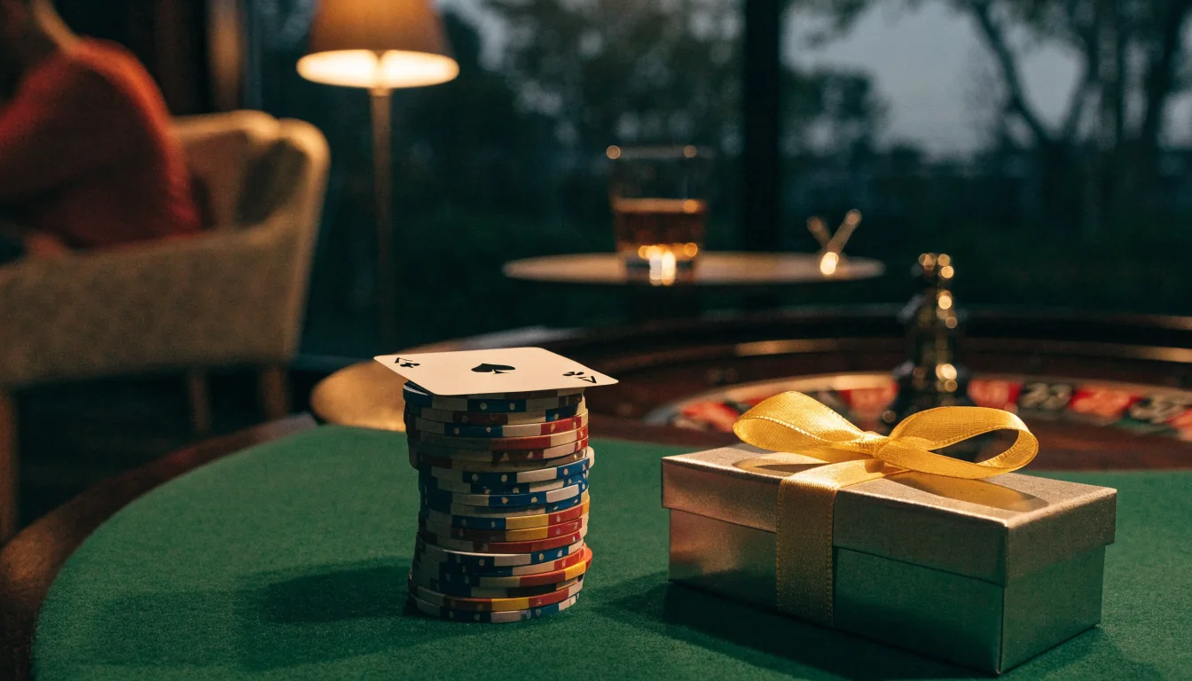 Casino chips, playing card and a welcome gift box on a green felt table in a New Zealand casino lounge