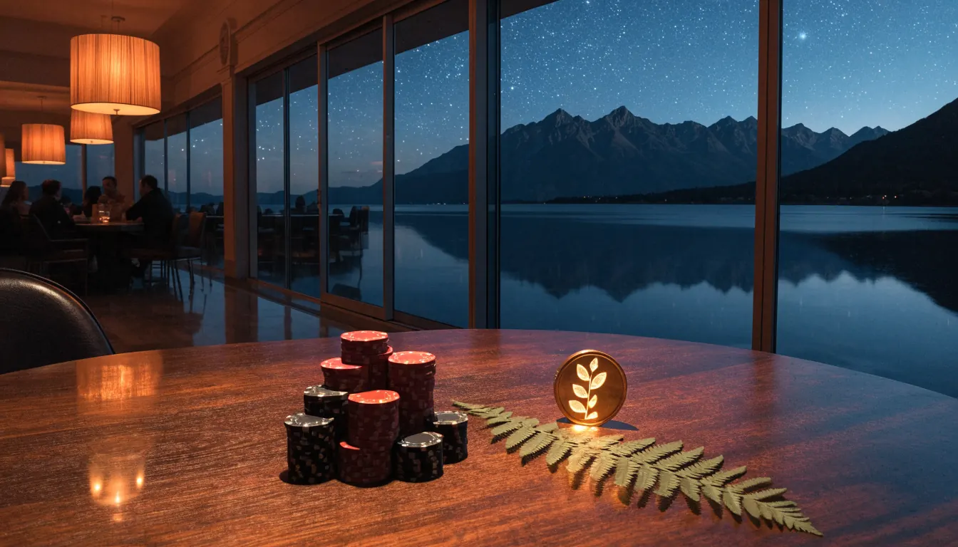 Upscale casino lounge with Tether coin, chips, and New Zealand mountain view at night.