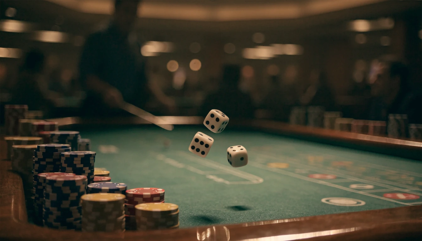 Dice rolling over a green craps table in a casino