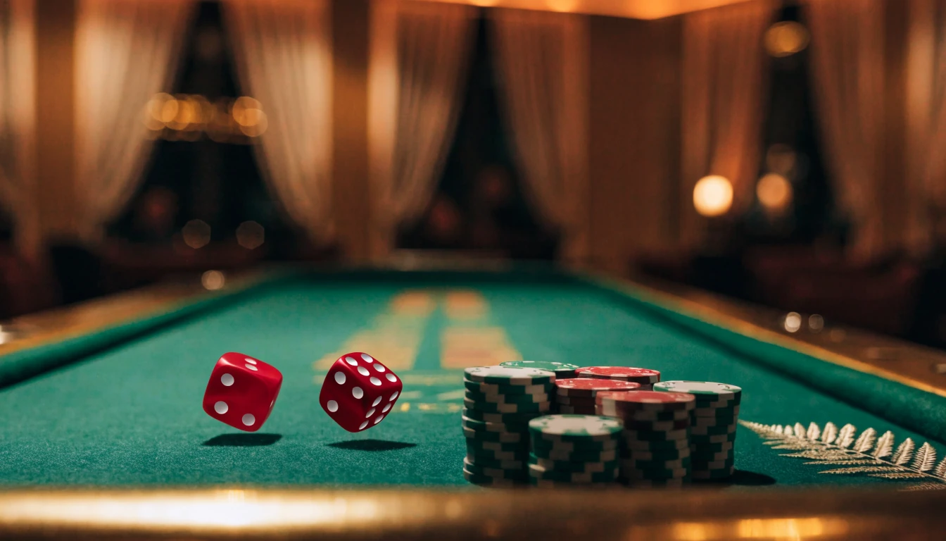 Green craps table with colorful chips and rolling dice, featuring a subtle New Zealand silver fern detail.