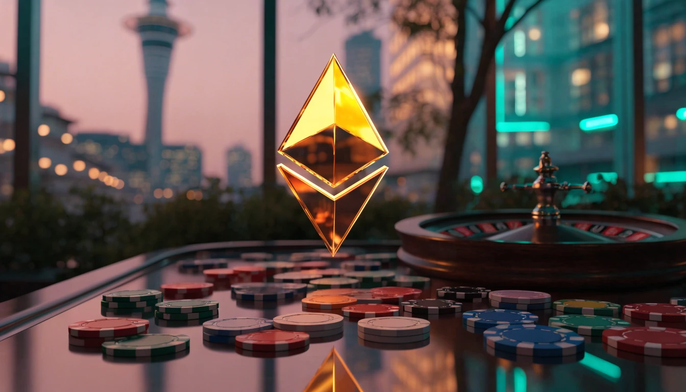 Ethereum symbol above a casino table with chips and roulette wheel, New Zealand skyline behind