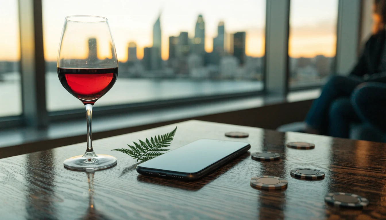 Smartphone face-down on table with Auckland skyline, silver fern, and casino chips