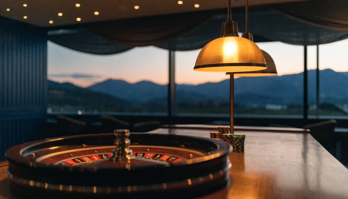 Elegant casino lounge with roulette wheel, chips, and New Zealand mountains at dusk