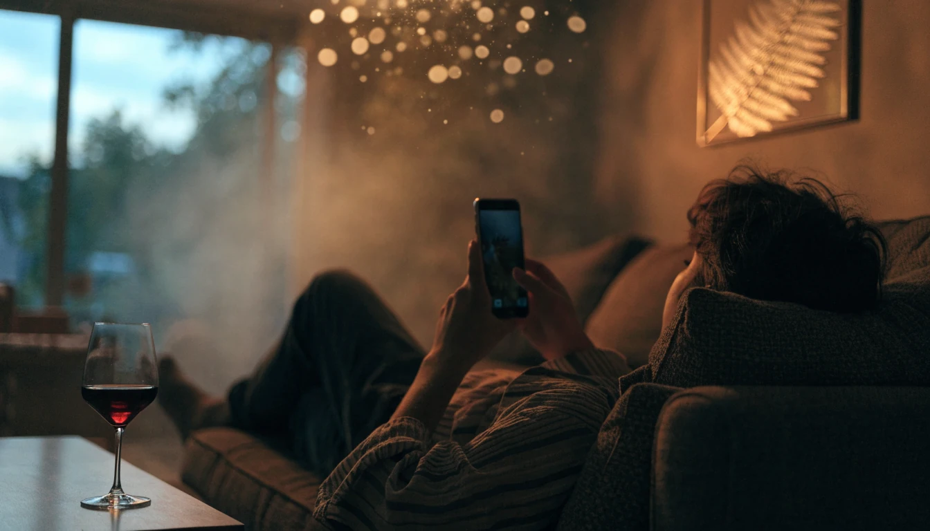 Person relaxing with smartphone in a cozy New Zealand home with glowing rising jackpot atmosphere