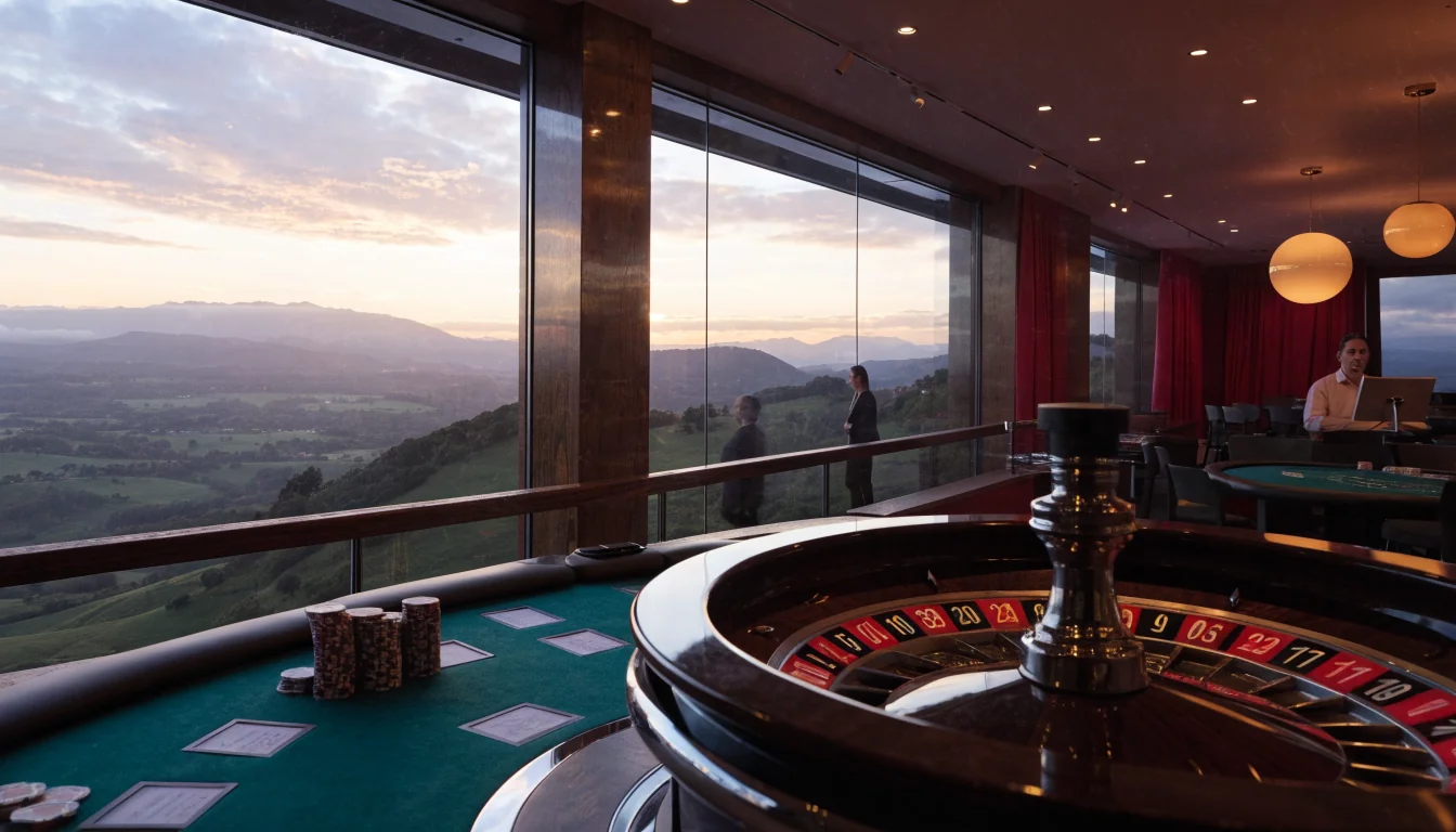 Elegant live casino studio with roulette wheel overlooking New Zealand hills