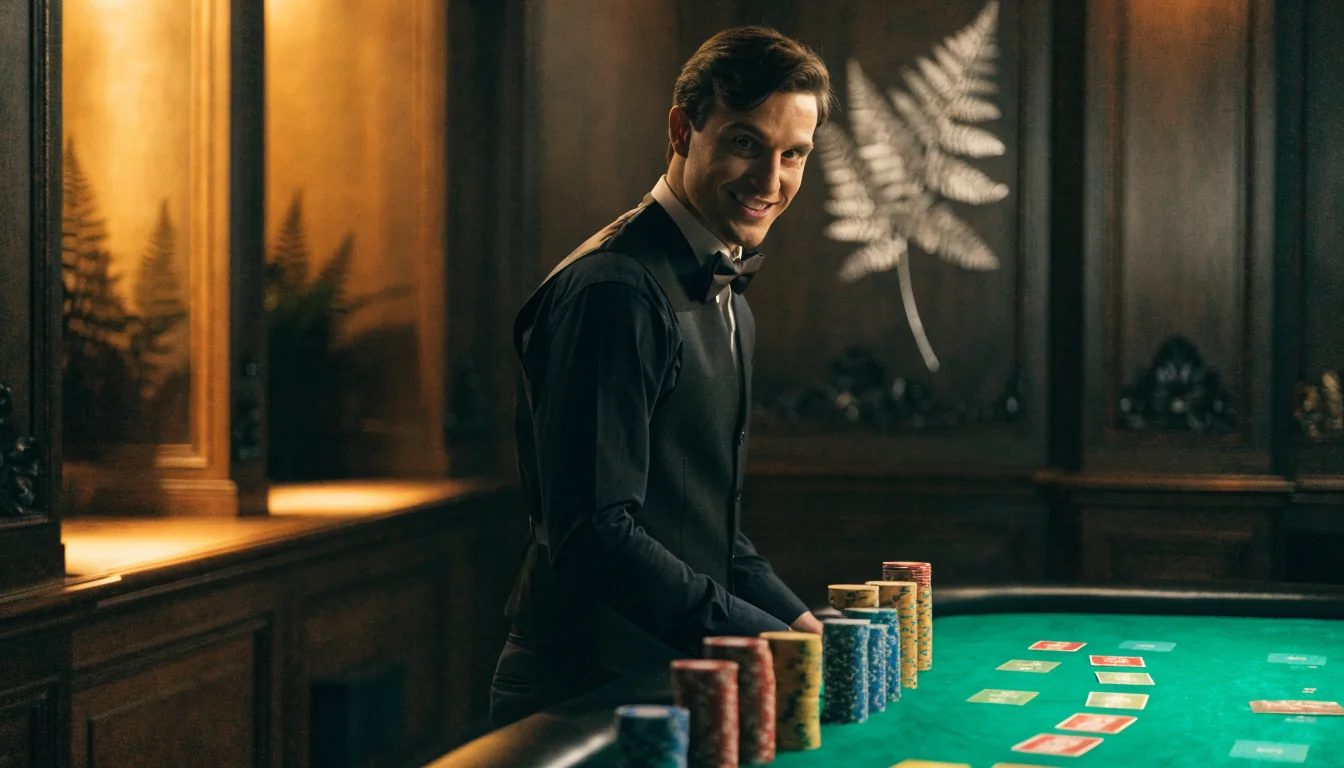 Live dealer at an elegant casino studio table with chips, New Zealand-inspired decor