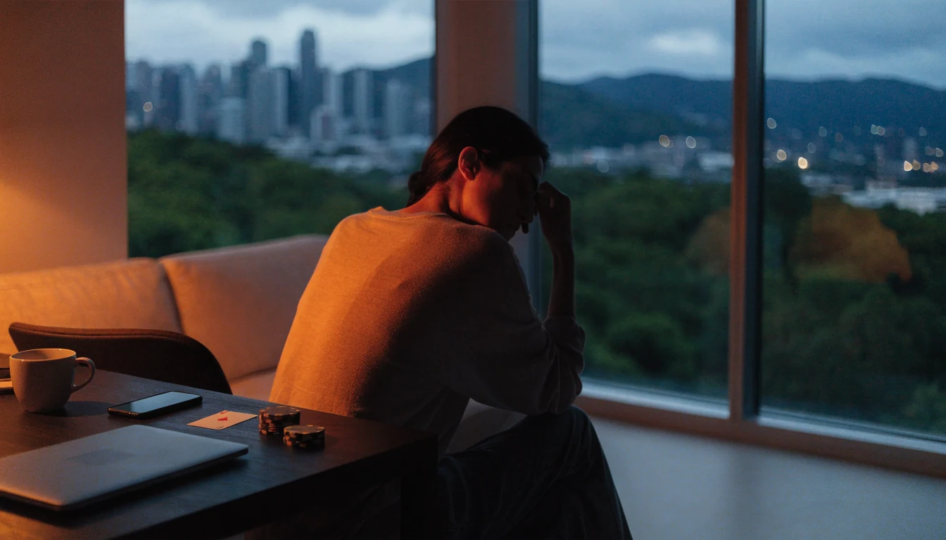 Person at a desk with closed laptop, coffee, and casino chips, New Zealand city skyline at dusk through window.