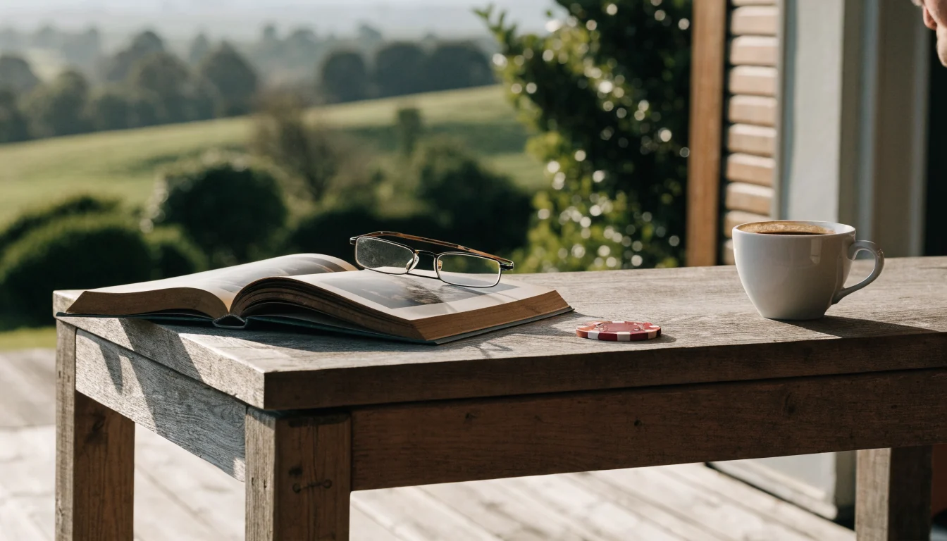 A guidebook with reading glasses and a casino chip on a veranda overlooking New Zealand hills.