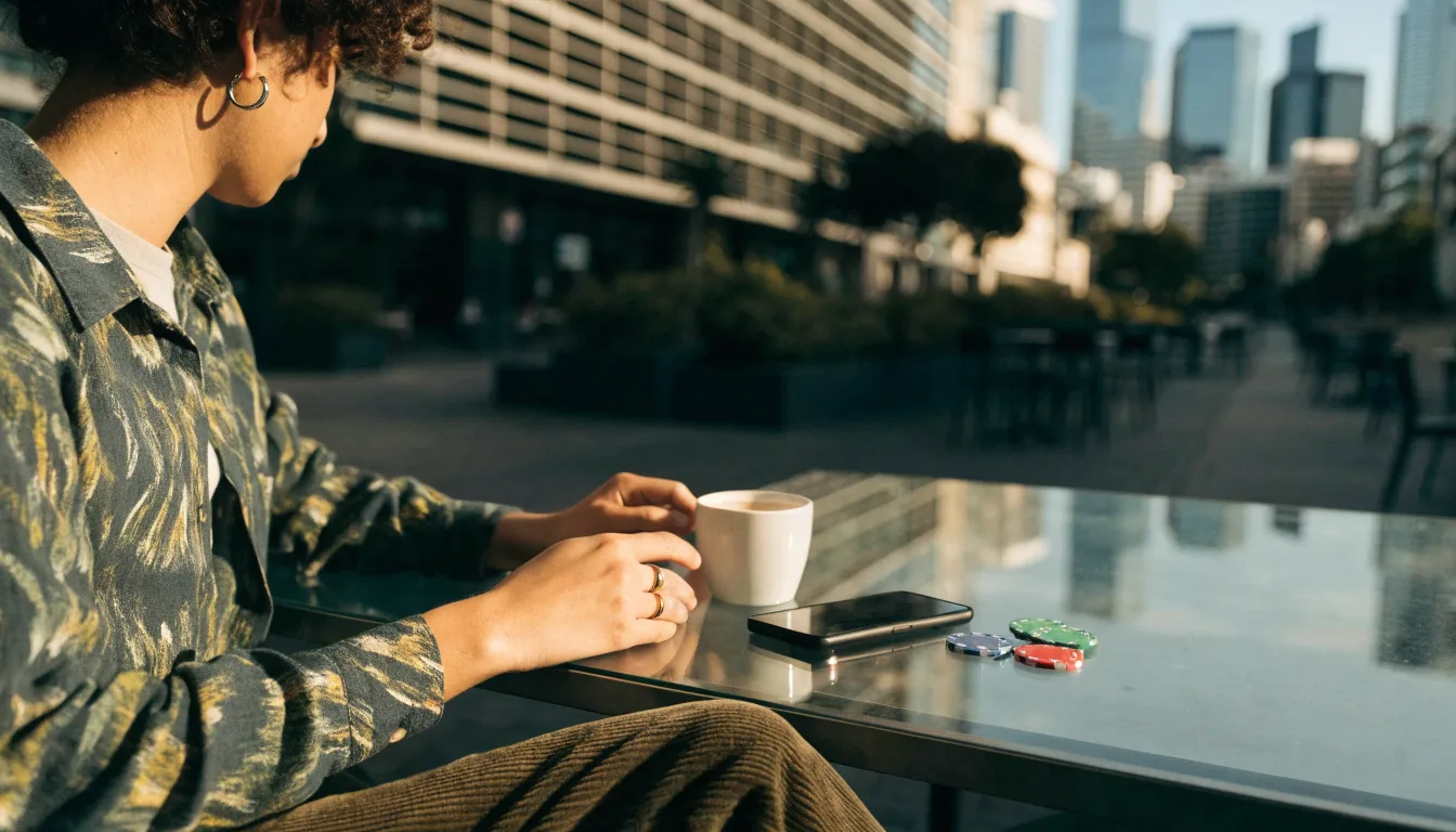 Young person at a New Zealand café with a face-down Android phone and casino chips on the table.