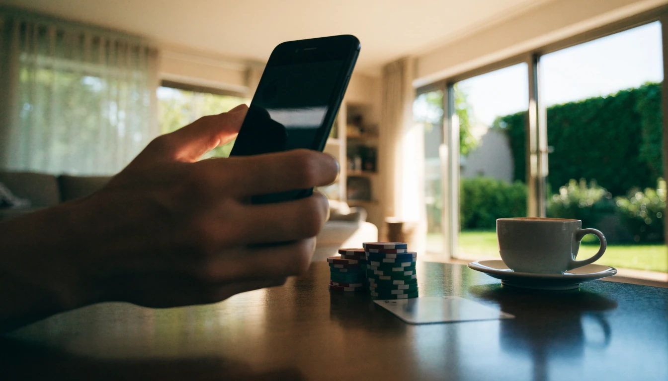 Hand holding an iPhone near a window with casino chips and coffee on a table in New Zealand home.