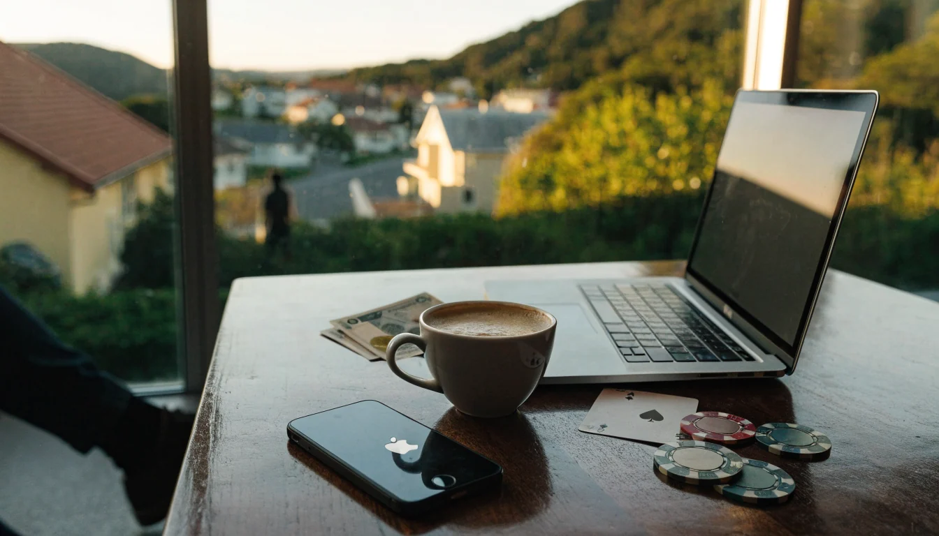 iPhone on a table with poker chips, New Zealand dollars, and a view of Kiwi coastal hills