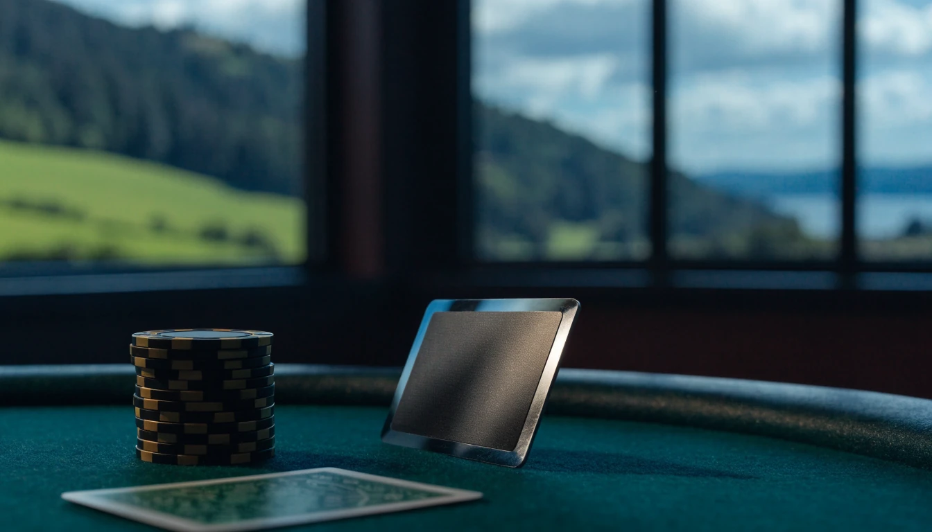 Payment card with casino chips on a table, New Zealand hills in background