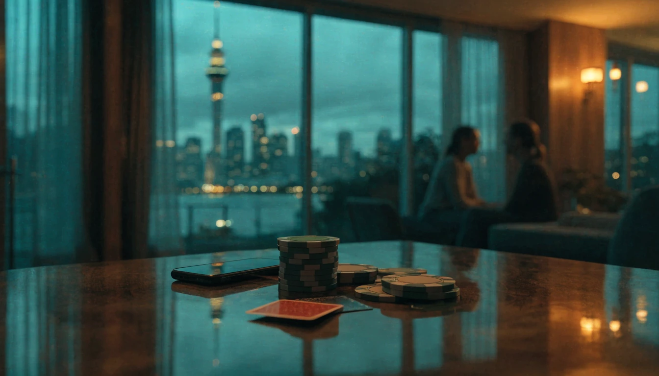 Smartphone on a table with casino chips, Auckland skyline at dusk