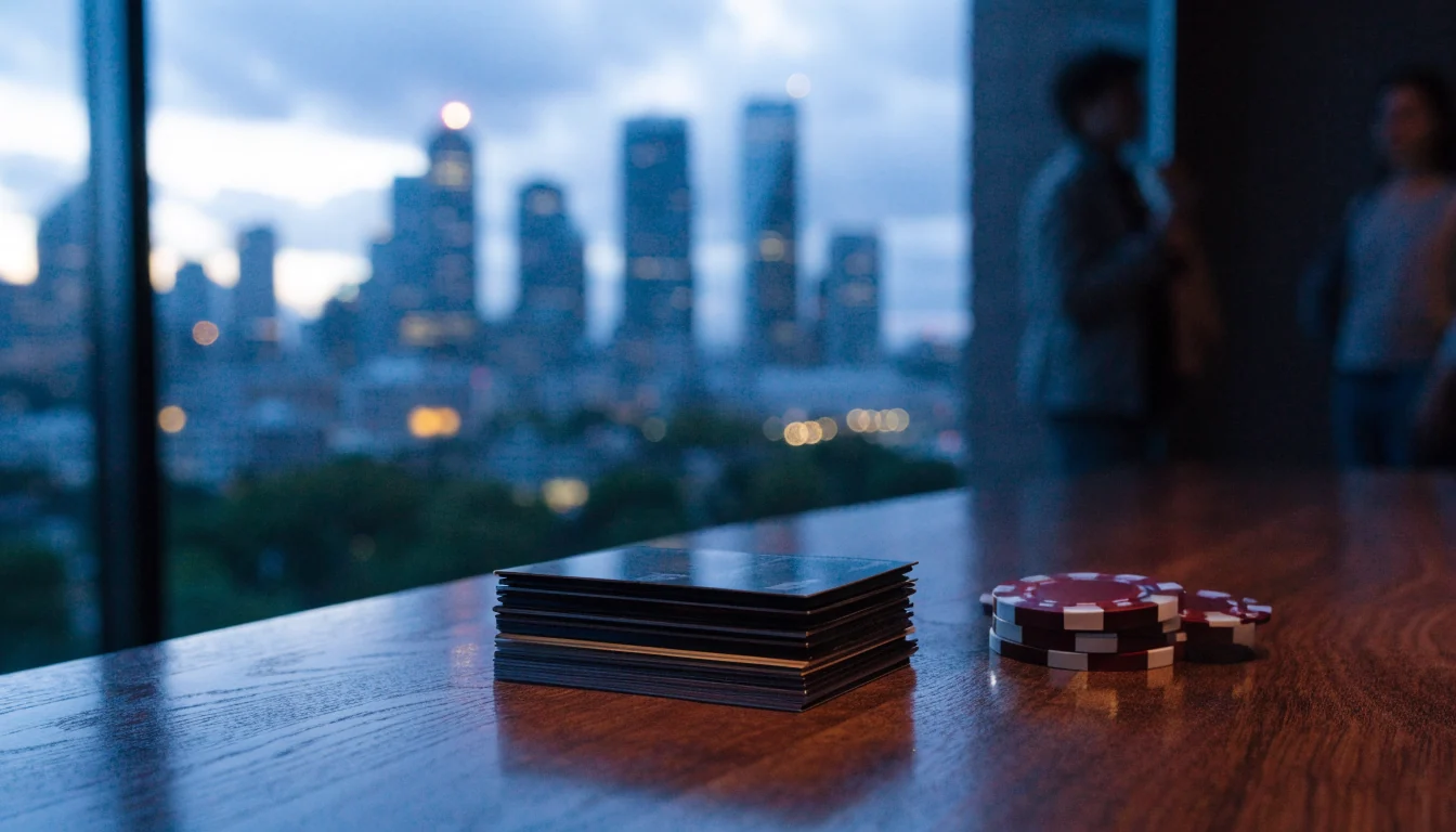 Credit cards and casino chips on a table with Auckland skyline at dusk