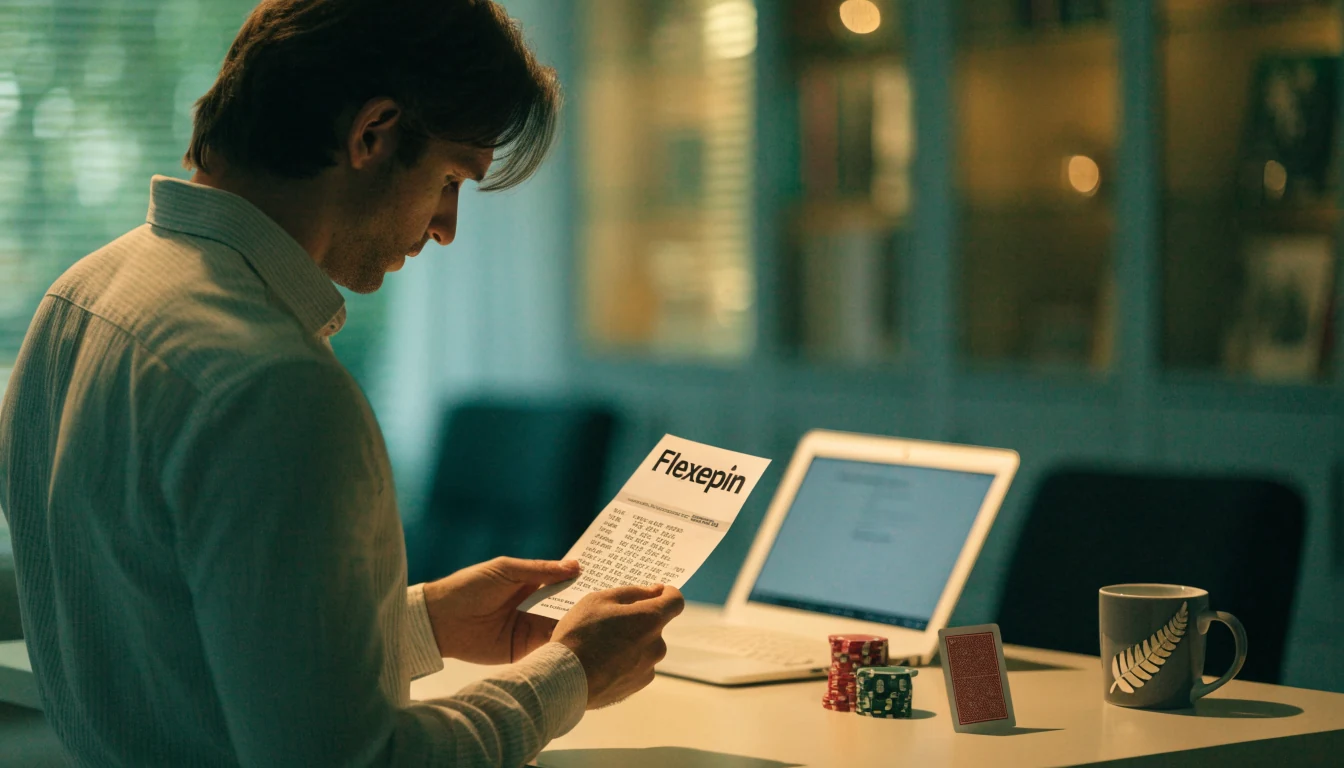 New Zealand user holding a Flexepin voucher near a laptop with casino chips