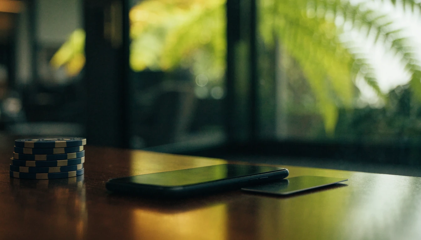 Smartphone, credit card, and casino chips on a wooden table in a New Zealand home