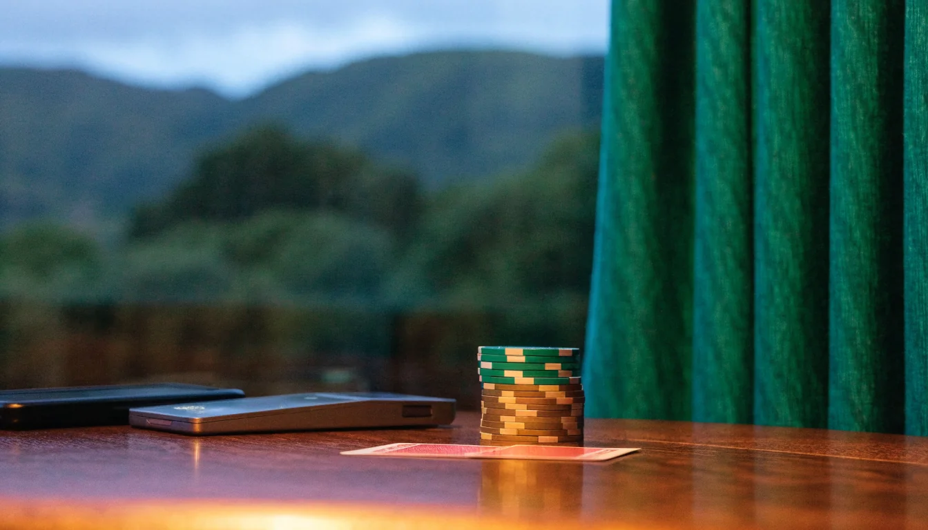 Casino chips, card, and smartphone on a wooden table with a New Zealand landscape in the background