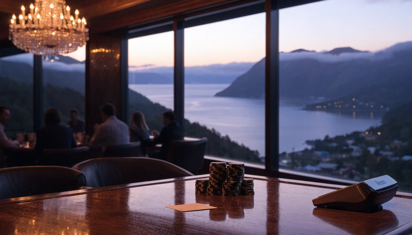Modern casino lounge with chips, a New Zealand fjord view through windows, and a contactless payment terminal on the table.