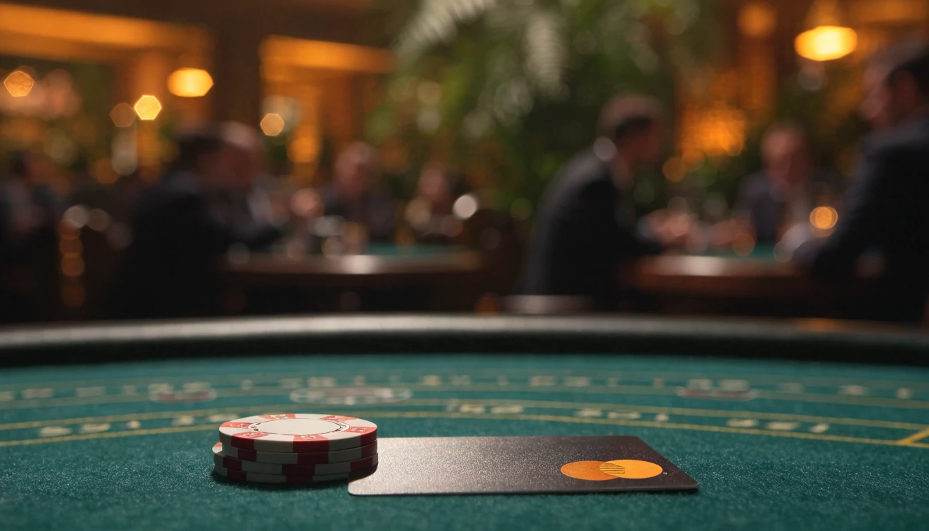 Mastercard on a green casino table with chips in a New Zealand casino