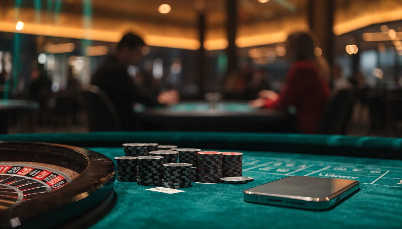 New Zealand casino roulette table with stacked chips and a smartphone.