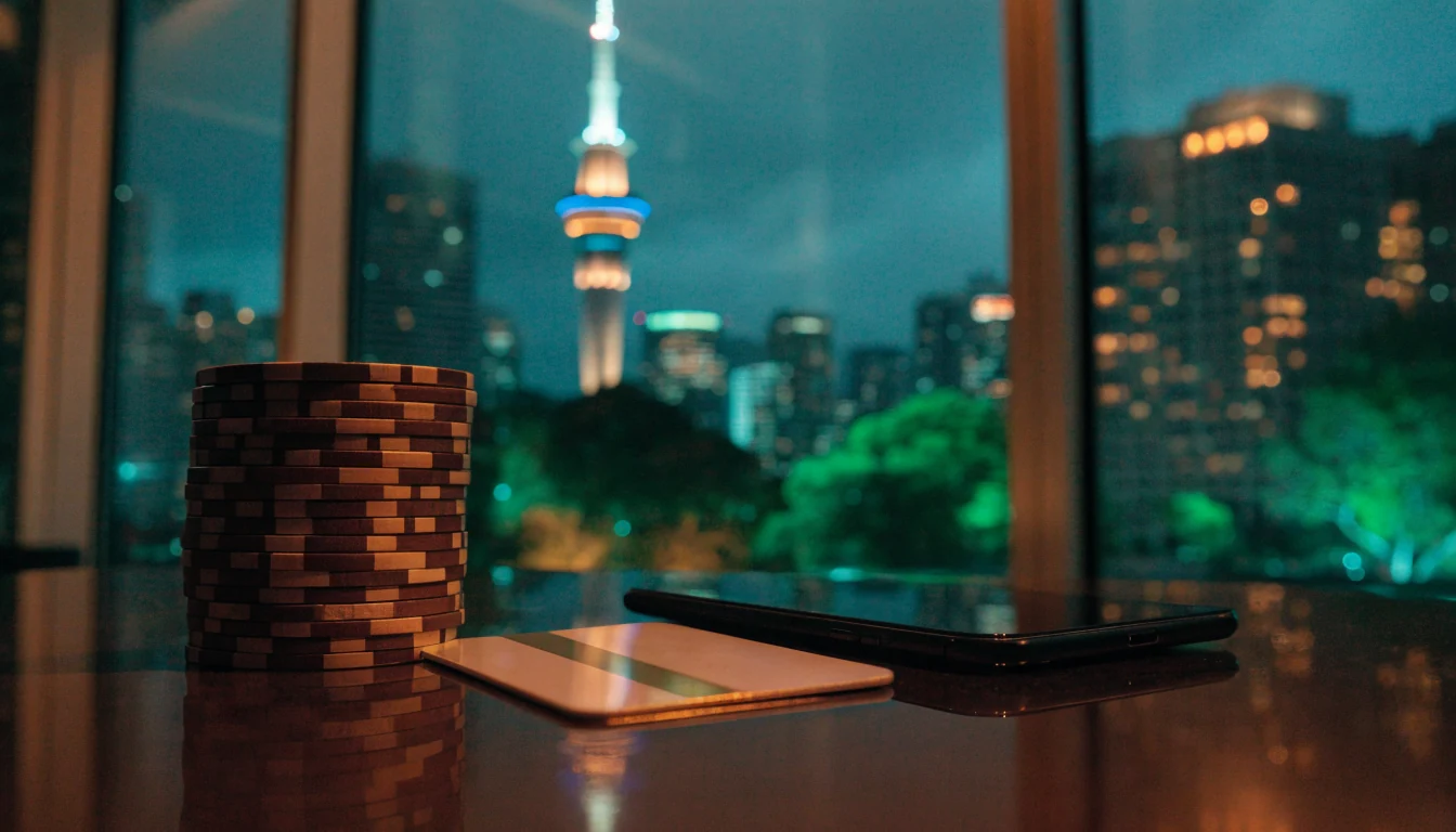 Casino chips, MuchBetter payment card, and smartphone on a table with Auckland skyline at night