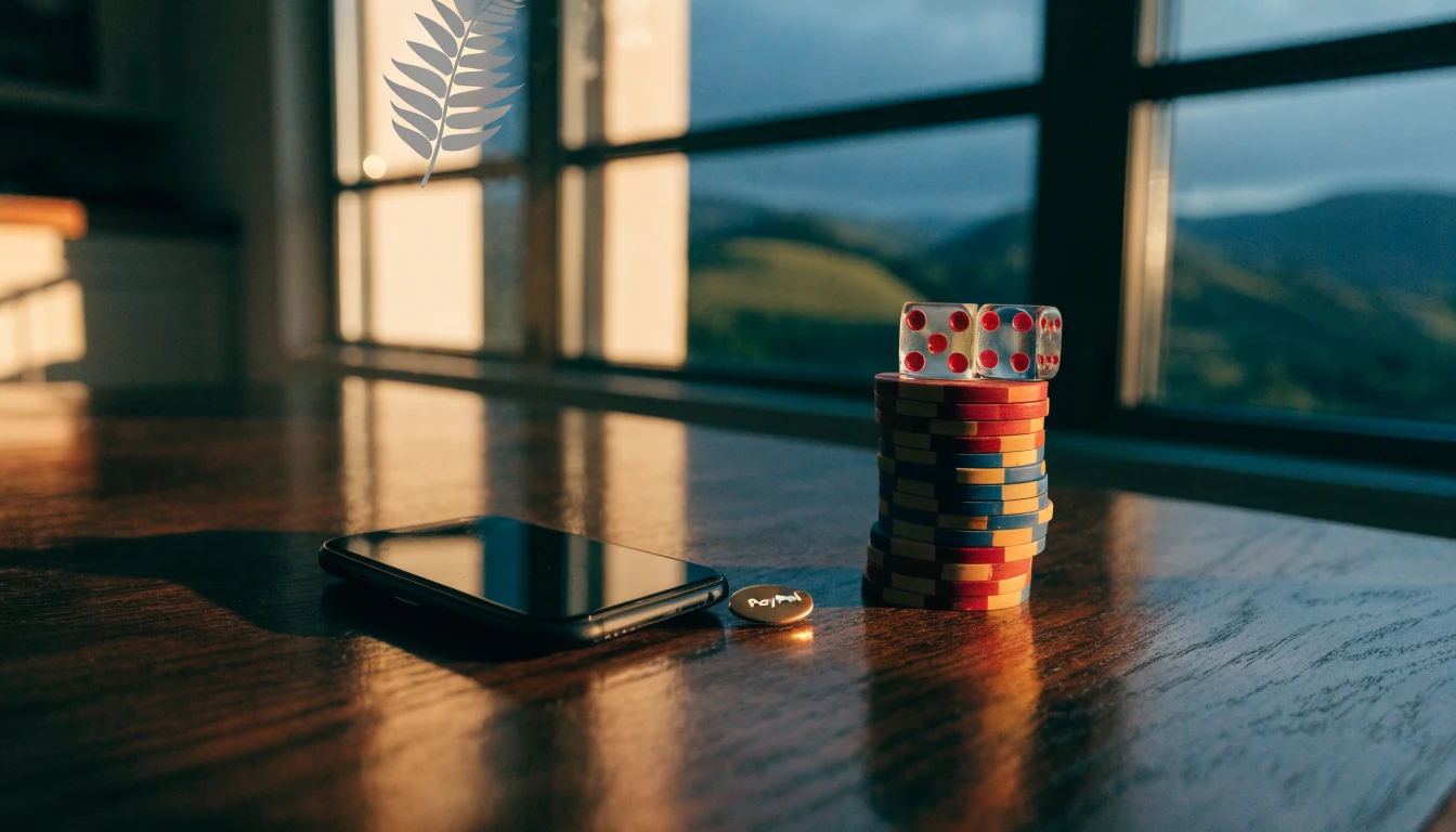 Smartphone face-down on table with casino chips, dice, and PayPal badge, New Zealand landscape in background