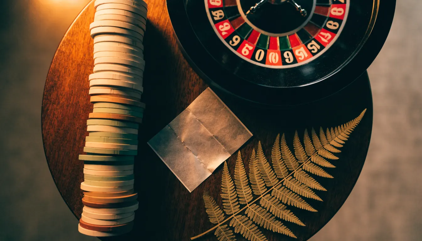 Casino chips, roulette wheel, and a generic prepaid voucher on a wooden table with a New Zealand silver fern.