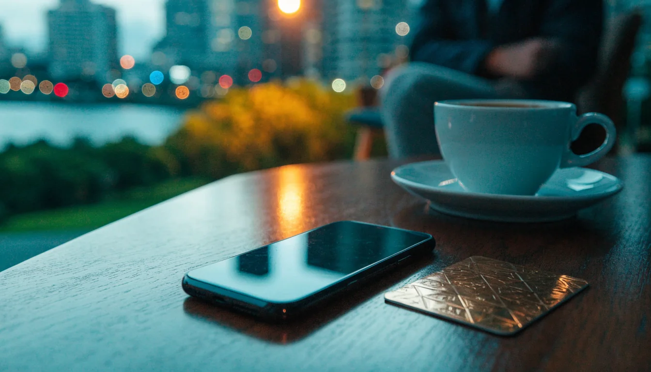 Smartphone and payment card on a table with city lights in background, New Zealand evening