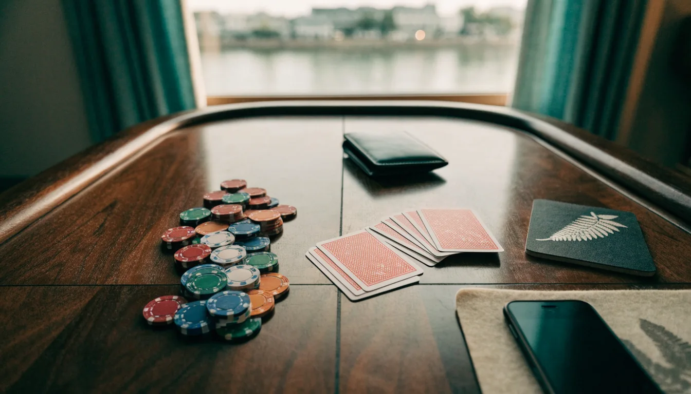 Casino chips, cards, wallet, and a face-down smartphone on a dark table in a New Zealand apartment.