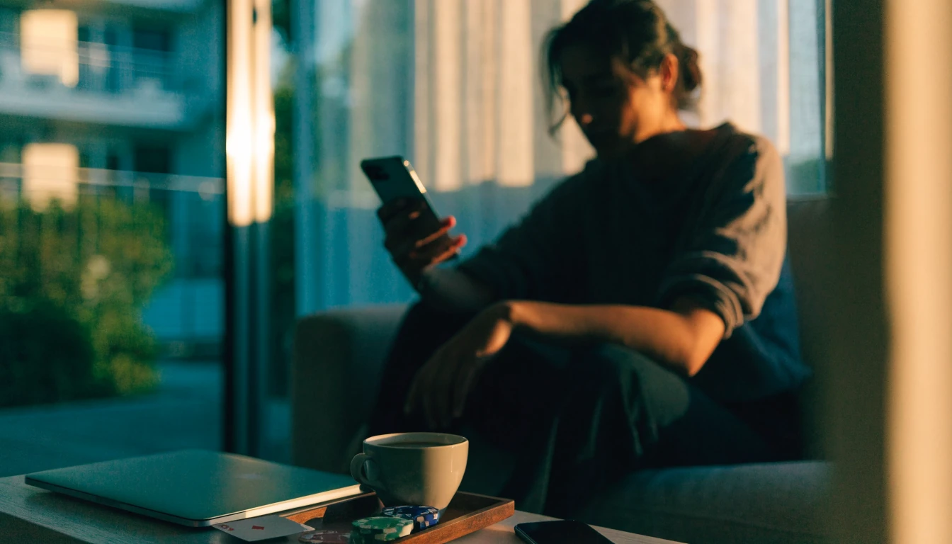 Person relaxing with closed laptop, phone, and casino chips in a modern New Zealand living room